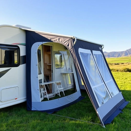 An air awning shown from the side with the side door folded inwards