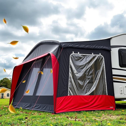 A black and red caravan awning with dark clouds above and blowing leaves around