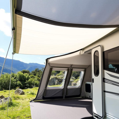 An air awning with one side falling in