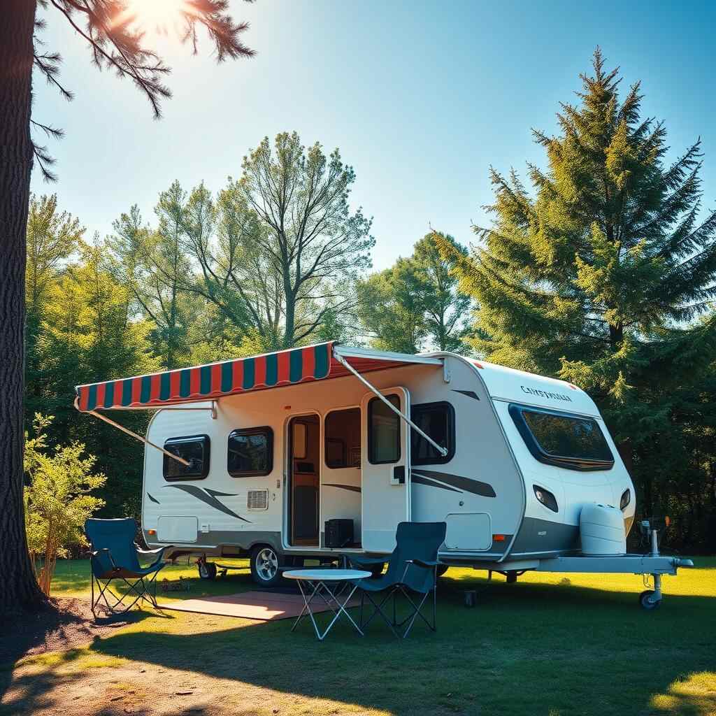 A caravan awning shown in a woodland area on a sunny day
