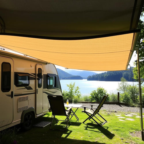 A caravan awning covering two chairs looking out over a lake