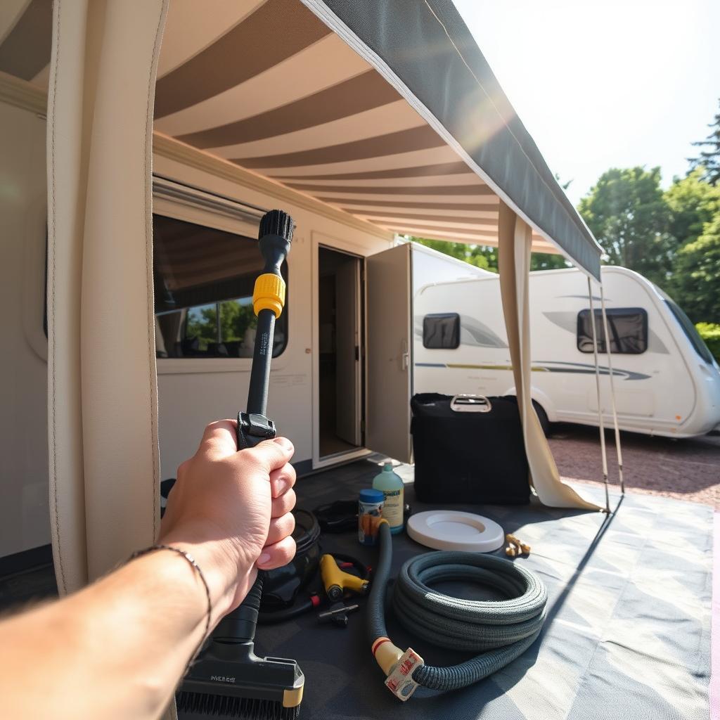 Close up of a man's hand holding a tool in front of a caravan awning