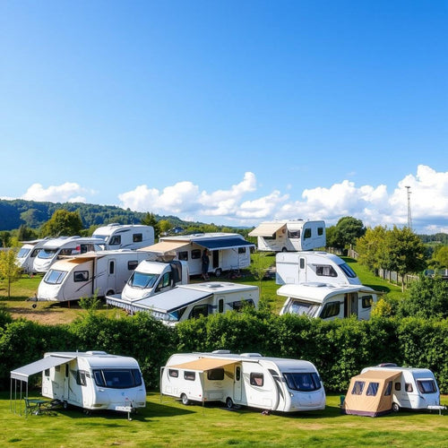 Multiple caravans with awnings in a field with a blue sky behind