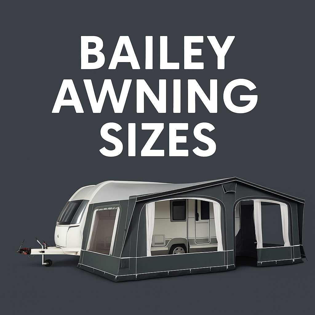 Bailey caravan with full awning and text overlay reading Bailey Awning Sizes