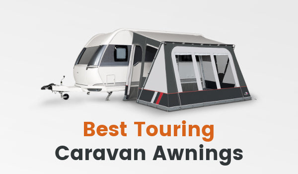 Text saying "Best Touring Caravan Awnings" below a touring caravan with an awning attached