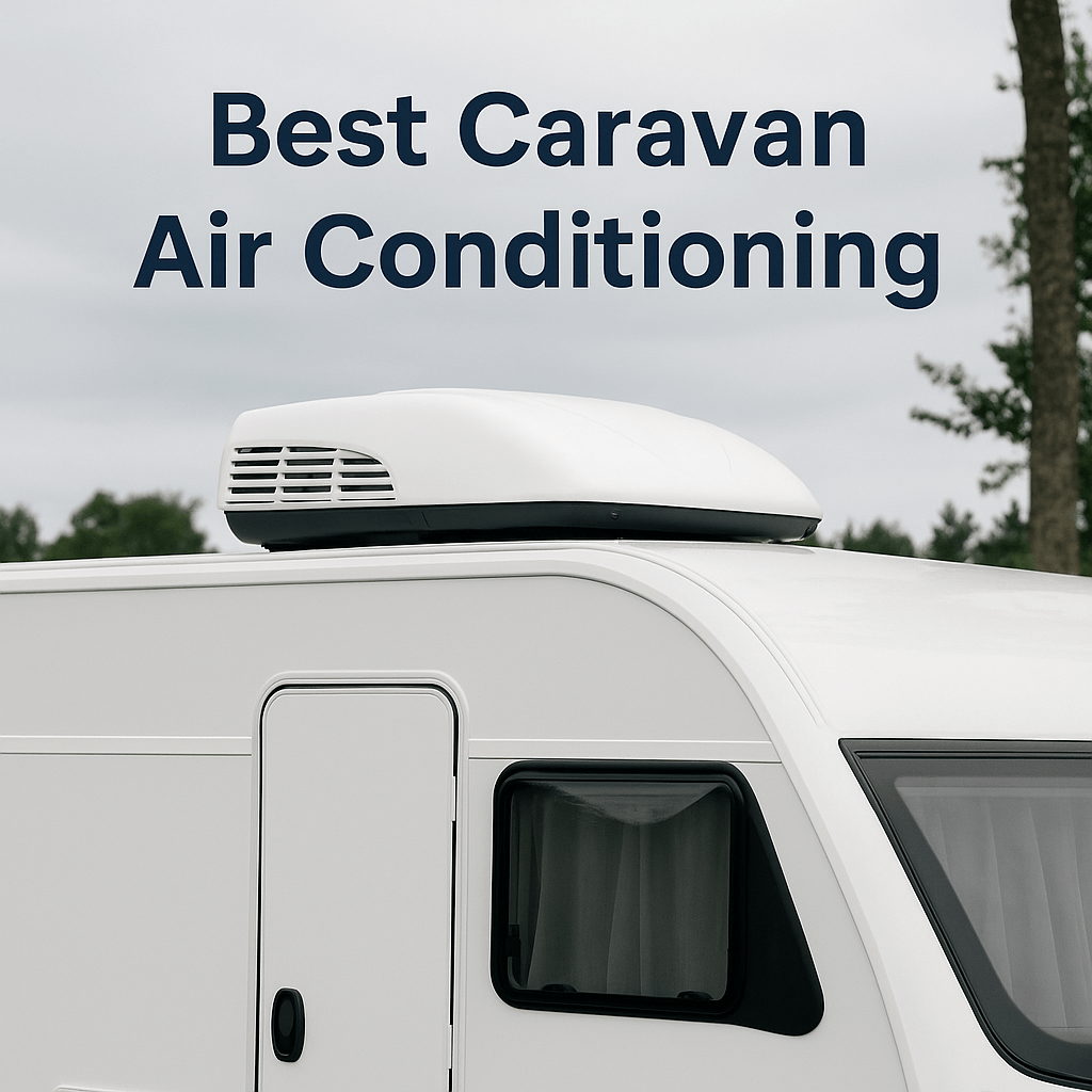 White caravan with a rooftop air conditioner parked outdoors under cloudy skies, featuring the text “Best Caravan Air Conditioning” in bold navy blue.