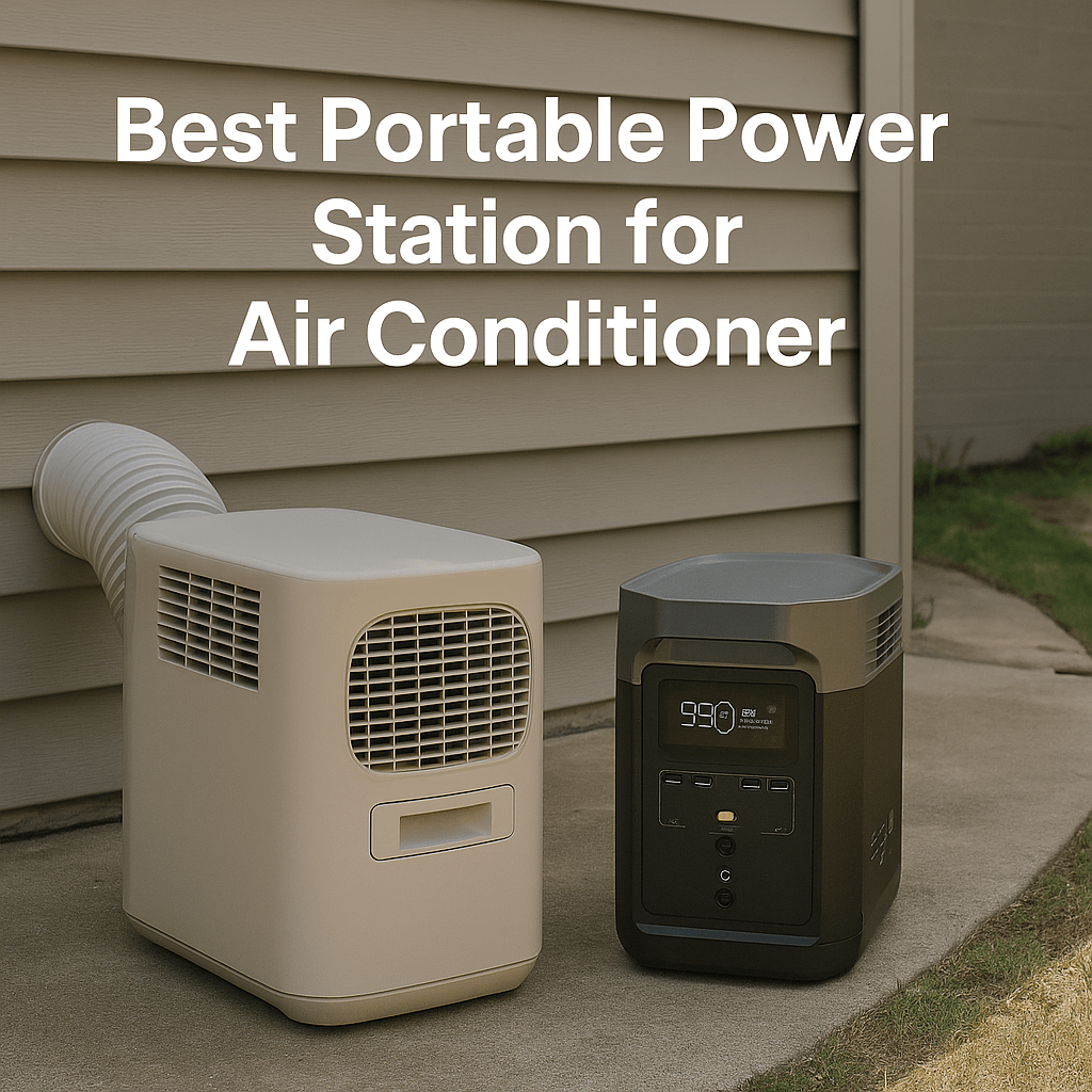Best Portable Power Station for Air Conditioner – realistic image showing a portable AC unit next to a dark grey EcoFlow DELTA power station outdoors.
