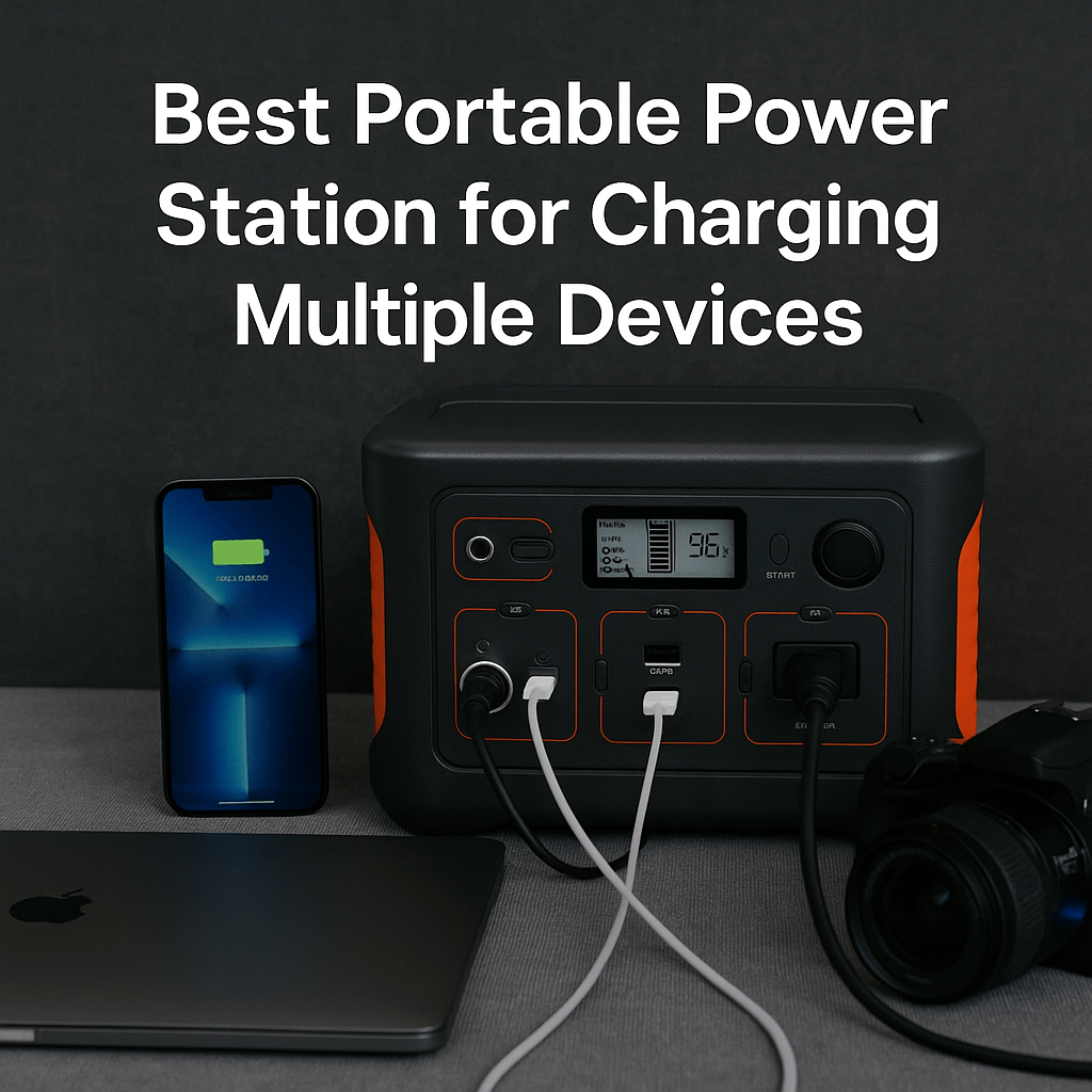 Best Portable Power Station for Charging Multiple Devices – image of a sleek black and orange portable power station charging a smartphone, laptop, and DSLR camera.