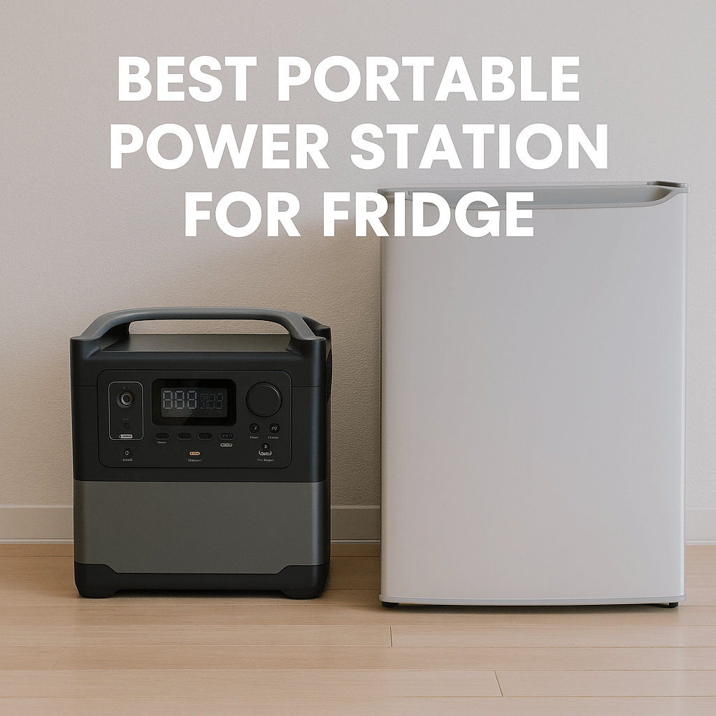 Best Portable Power Station for Fridge – high-resolution image of a portable power station next to a compact fridge on a light wooden floor.