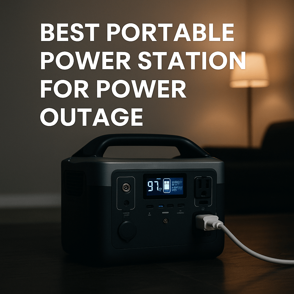 Best Portable Power Station for Power Outage – sleek portable power unit on a hardwood floor, lit by a lamp during a blackout.