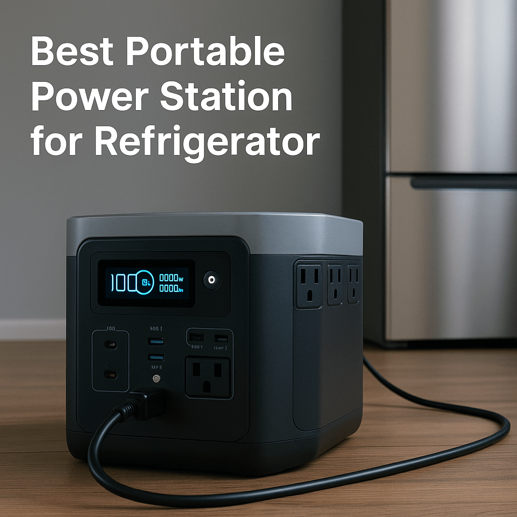 Best Portable Power Station for Refrigerator on wooden floor powering a stainless steel fridge.