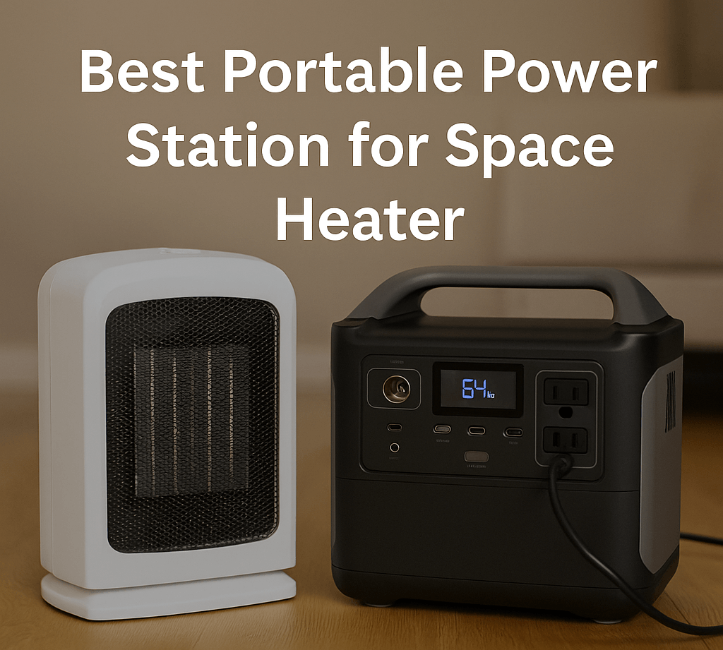 Best Portable Power Station for Space Heater – image showing a compact space heater next to a portable power station on a wooden floor.