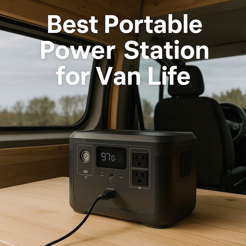 Best Portable Power Station for Van Life – high-resolution photo of a sleek power station inside a camper van with sunlight streaming through the window.