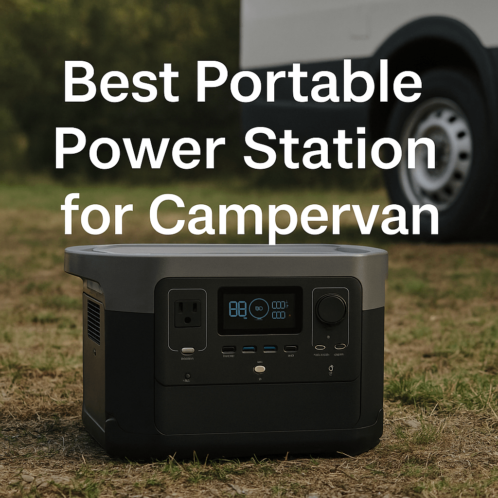 Best Portable Power Station for Campervan – portable power unit on grassy ground beside a campervan.