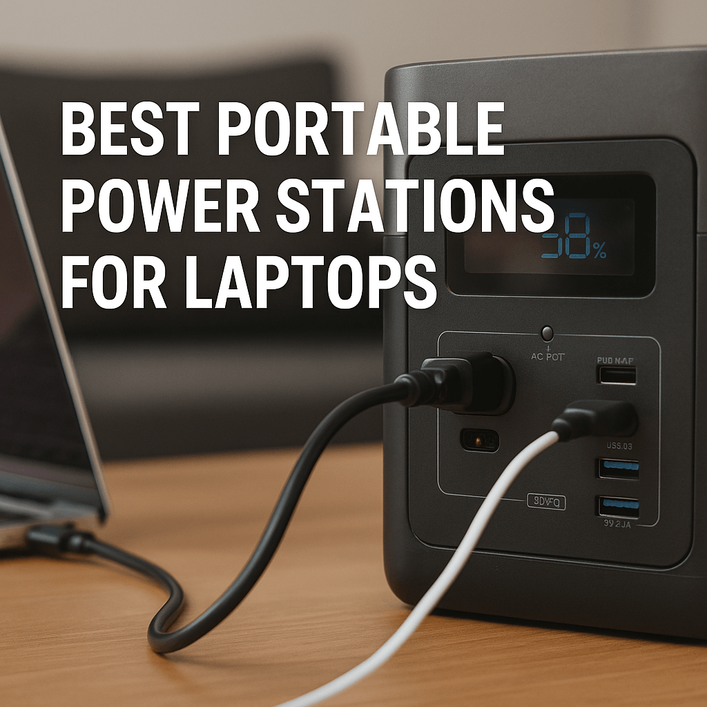 Best Portable Power Stations for Laptops – close-up of a portable power station charging a laptop on a wooden desk.