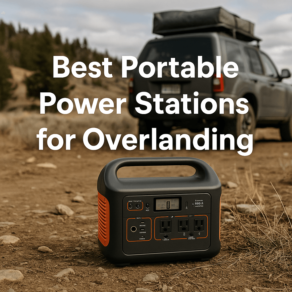 Best Portable Power Stations for Overlanding – rugged outdoor power setup beside an off-road vehicle in a remote landscape.