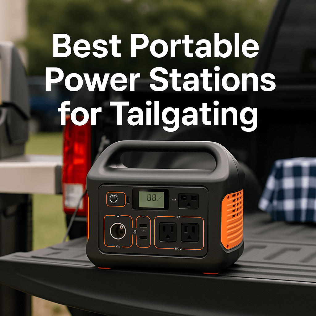 Best Portable Power Stations for Tailgating text– portable power station on a pickup truck tailgate, ready for an outdoor event.