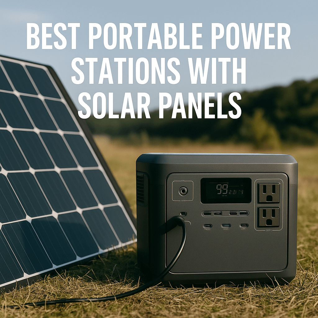 Best Portable Power Stations with Solar Panels white text – sleek power station and solar panel in a bright meadow.