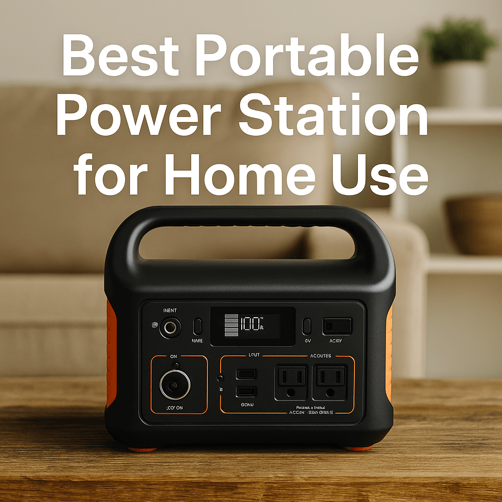 Best Portable Power Station for Home – modern portable power station on a living room floor, plugged in and ready for use.