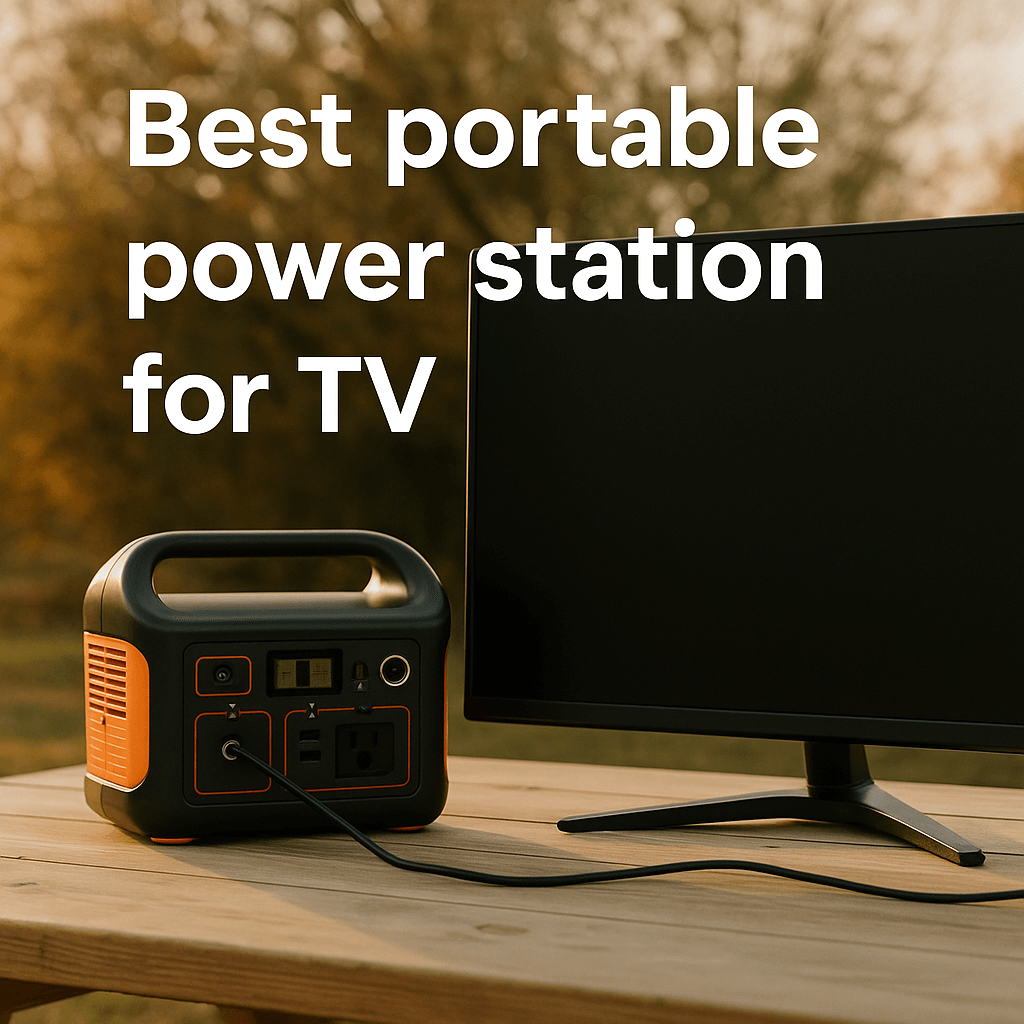 Best portable power station for TV – portable power station connected to a flat-screen TV outdoors on a wooden table.