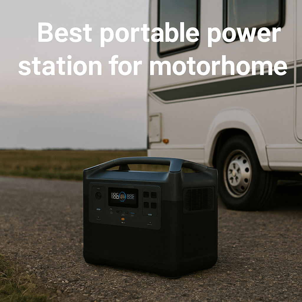 Best portable power station for motorhome – portable power station on road beside motorhome.