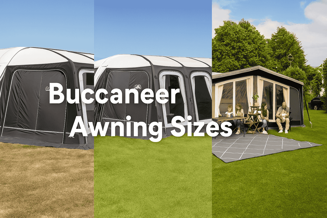 Buccaneer caravan with large full awnings on a campsite with family seating outside, featuring the text ‘Buccaneer Awning Sizes’