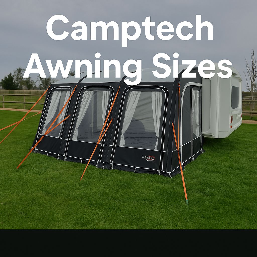 Camptech awning fully pitched next to a caravan with text overlay reading “Camptech Awning Sizes”