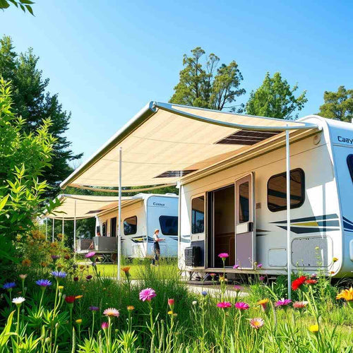 Realistic drawing of several caravans with awnings with a blue sky above and green grass and flowers in front