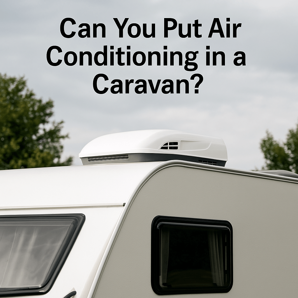 A white caravan with a rooftop air conditioner under a cloudy sky, with the text “Can You Put Air Conditioning in a Caravan?”