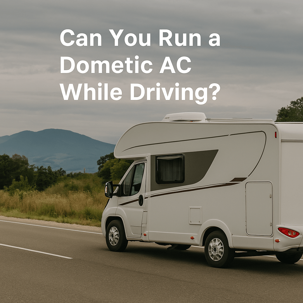 A white motorhome with a rooftop Dometic AC unit driving on a country road under cloudy skies, with text overlay: “Can You Run a Dometic AC While Driving?”.