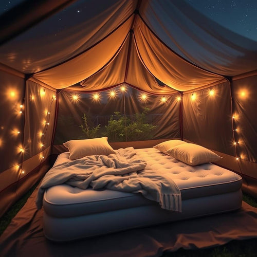 A large mattress inside a tent with lights around it