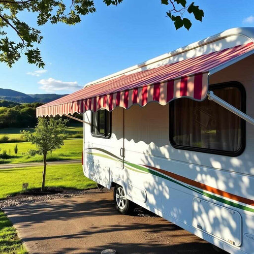 Caravan with awning draping over the window with a blue sky and green field in the background