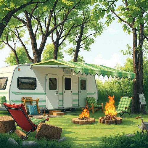 A realistic drawing of a caravan with green awning in front of a camping fire with chairs surrounded by woodland