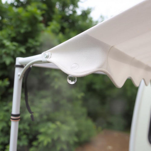 Close up of an awning with a droplet of water coming from it