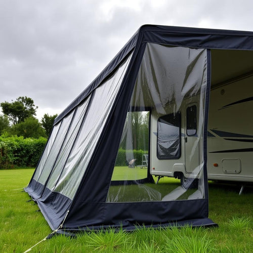 A dark coloured caravan awning with see-through windows with a cloudy sky behind