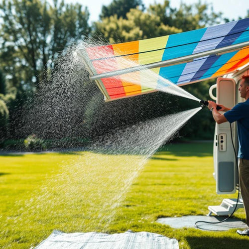 A man jet washing a multi-coloured caravan awning