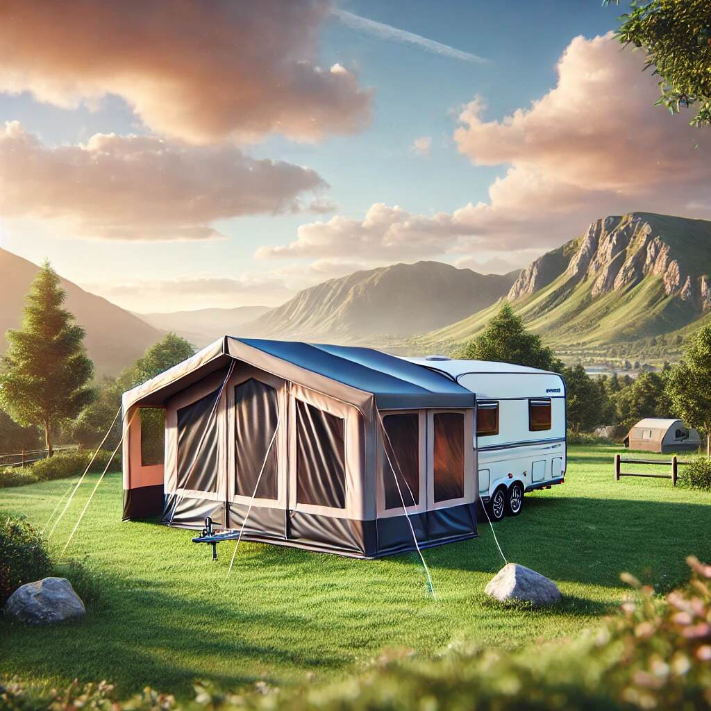 A realistic caravan awning set up on a lush green campsite with a backdrop of mountains and a partially cloudy sky