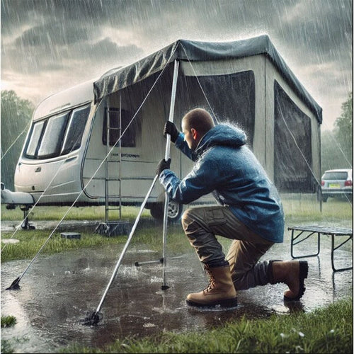A man putting up a caravan awning in the rain, the image is a realistic drawing