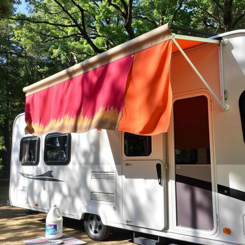 A caravan with a bleached awning that is red and orange