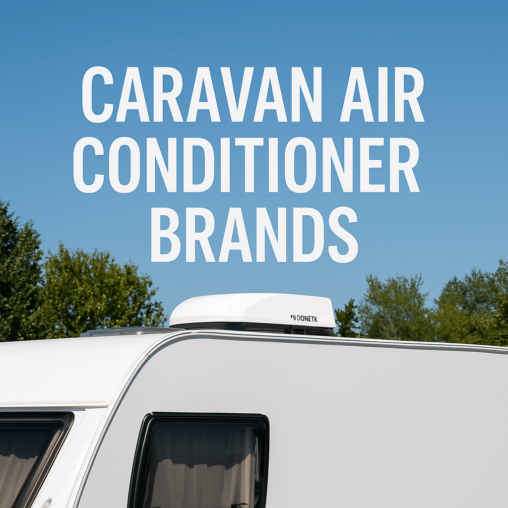 A white caravan under a blue sky with text "Caravan Air Conditioner Brands" above the roof-mounted air conditioning unit.