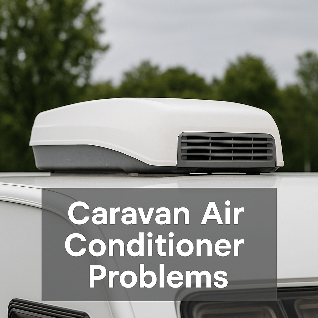 Roof-mounted caravan air conditioner unit with the text "Caravan Air Conditioner Problems".