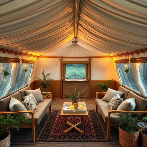 The inside of a caravan awning with two sofas, a table and plants