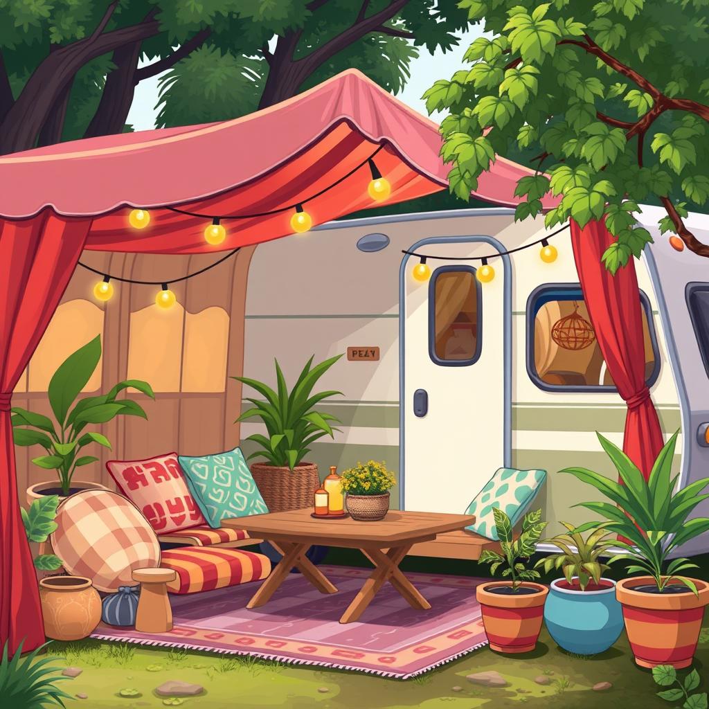 Drawing of a caravan with awning, table and sofas