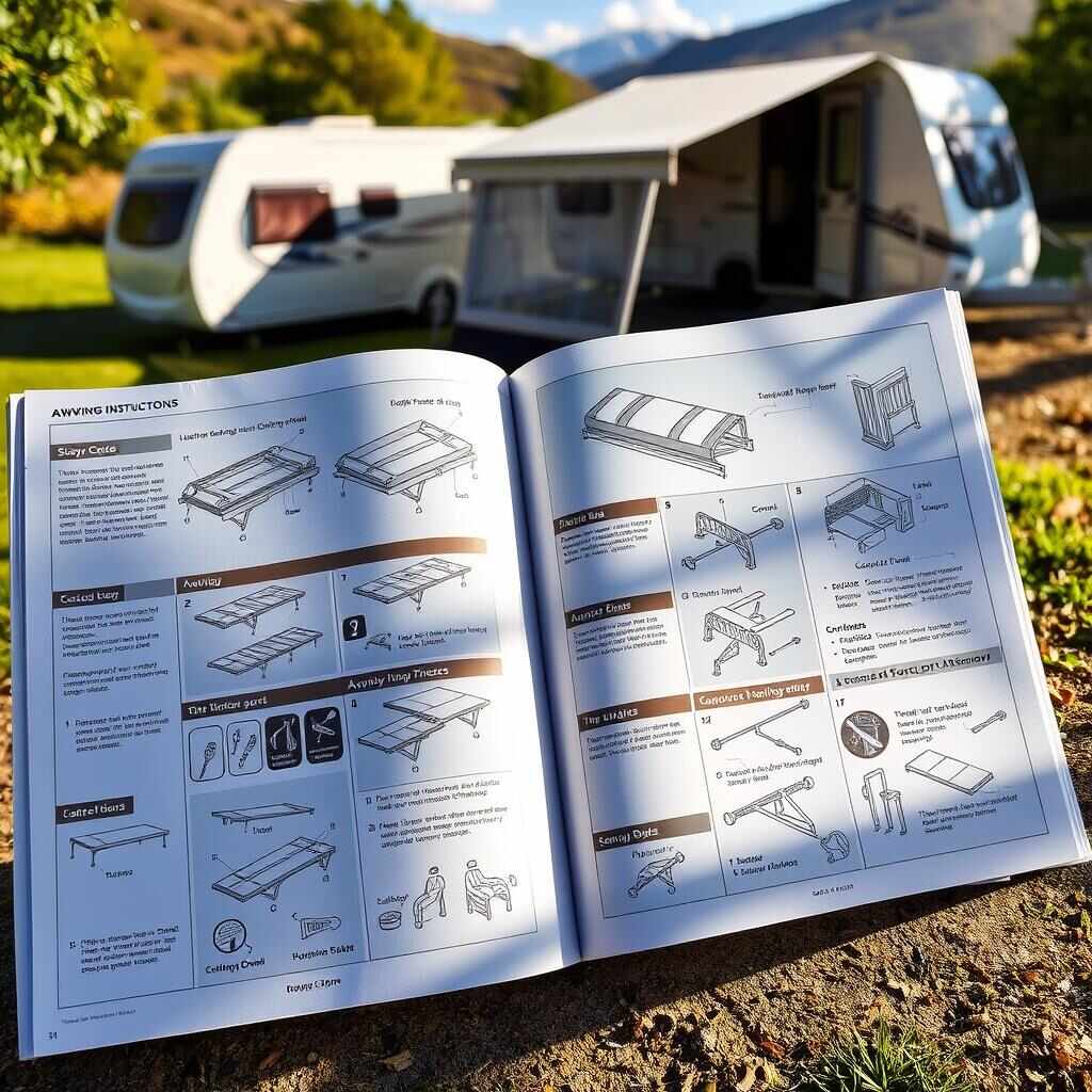 A caravan awning instruction manual shown close up with a field and caravan behind it