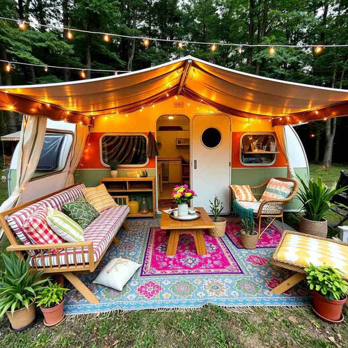 A caravan awning with a colourful set up including a sofa, plants, table and carpet