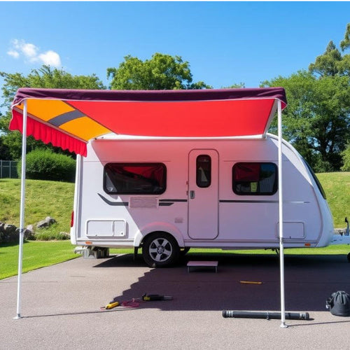 A white caravan with red awning on hardstanding ground