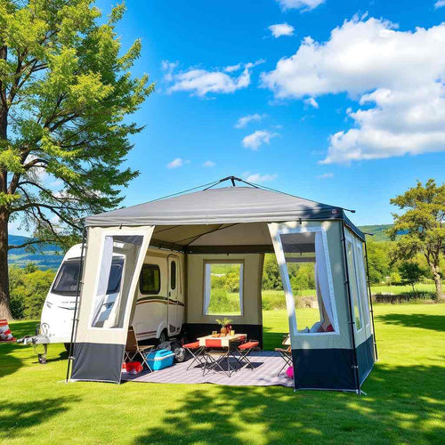 An awning set up in a field, shown from the front with a door open