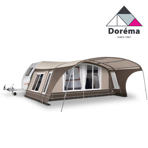 A Dorema Caravan Awning underneath the Dorema logo on a white background
