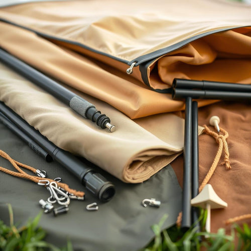 A close up of tools and caravan awning material