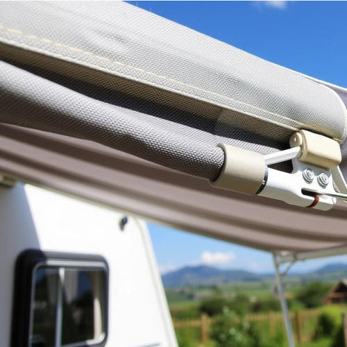 Close up of the corner of a caravan awning